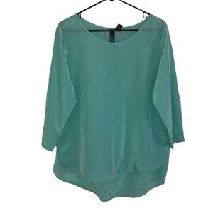 Fun & Flirt Womens Pale Aqua 3/4 Sleeve Button Tab Sheer Tunic Top Size L